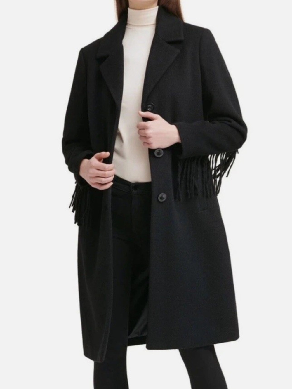 Kenneth Cole New York Fringe Wool Blend Single Breasted Black Coat Jacket XXS